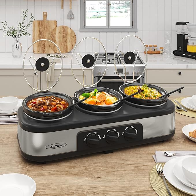 Sunvivi Triple Slow Cooker, Buffet Server & Warmer with 3 Removable Ceramic Pots, 3 Adjustable Temp Settings & 3 Metal Lid Rests, Stainless Steel, 3 * 1.5 Quarts Silver