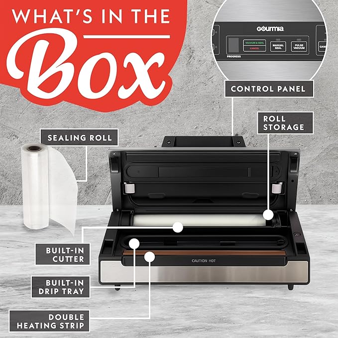 Gourmia Vacuum Sealer ??Food Preservation System with Marinate Mode and Vacuum Hose, Pulse Control, LED Display, Built-In Cutter, Gentle & Normal Vacuum Options, Stainless Steel