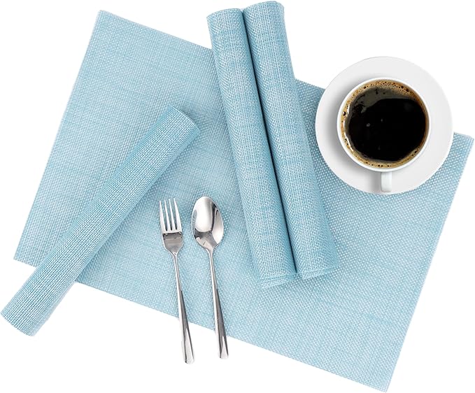 Blue Placemats Set of 8 Durable Heat Resistant Non-Slip Washable Place Mats PVC Vinyl Woven Table Mats for Dining Table 12 x 17 Inch