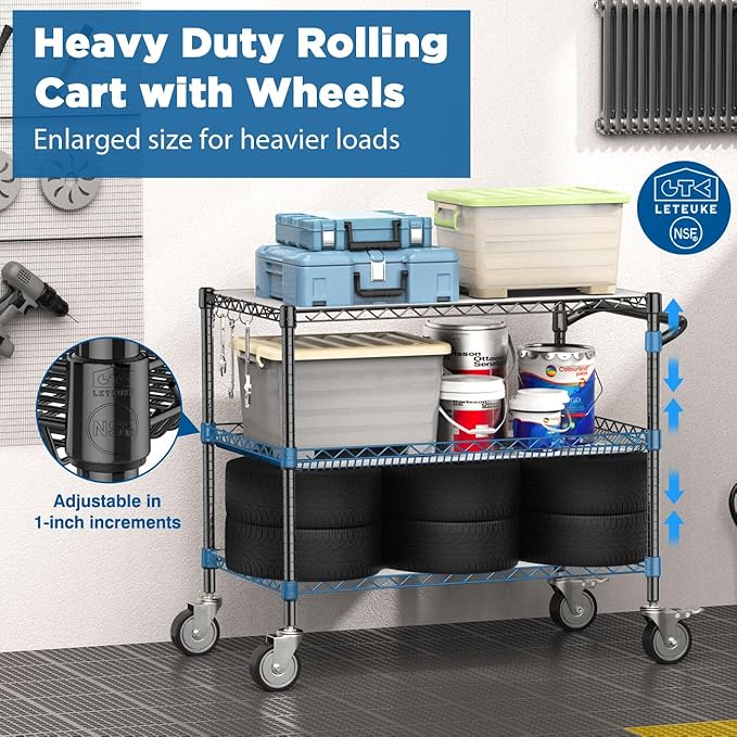 Leteuke Heavy Duty Rolling Utility Cart, 45 Inch Kitchen Carts with Wheels, NSF Commercial Grade with Handle & Shelf Liners, 1120LBS Storage Cart for Kitchen,Restaurant,Plant Display-Black