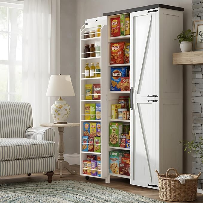 Pantry Cabinet, 71" Tall Farmhouse Kitchen Pantry Cabinet with 2 Barn and Adjustable Shelf, High Freestanding Tall Cupboard Storage Cabinet with Light for Living Room, Kitchen(White)