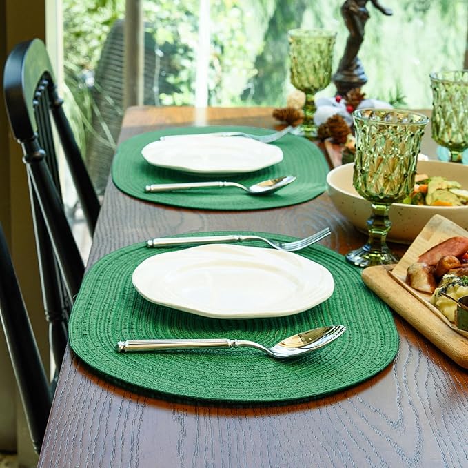 Noctiflorous Oval Braided Placemats Set of 4 Woven 12x18 Inch Non Slip Washable Heat Resistant Place Mats Round Tablemats for Dining Kitchen Party Daily Table Decor Dinner Mats (Green Shine, 4)