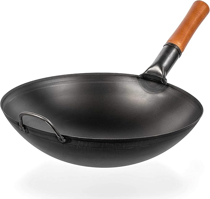 YOSUKATA Carbon Steel Wok Pan - 14 in Woks and Stir Fry Pans - Chinese Wok with Round Bottom Wok + Wok Lid 13.6 Inch - Premium Stainless Griddle Dome + 17" Wok Spatula and Ladle and Turner