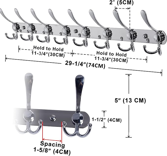 Dseap Coat Rack Wall Mount - 29.5??Long 8-Tri-Hooks Heavy Duty Coat Hanger Rail Wall Hooks for Hanging Coats Hats Clothing Clothes Purse Mudroom Entryway, Chromed
