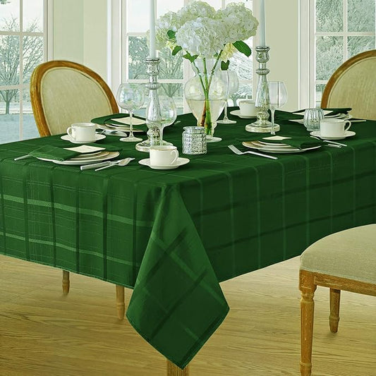 Newbridge 60 x 84 Inch Rectangle Fabric Tablecloth, Elegance Plaid, 100% Polyester, No Iron Soil Resistant Dining Room, Party and Banquet Table Cover, Solid Textured, Hunter Green