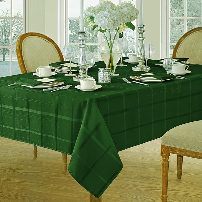 Newbridge 52 x 70 Inch Rectangle Fabric Tablecloth, Elegance Plaid, 100% Polyester, No Iron Soil Resistant Dining Room, Party and Banquet Table Cover, Solid Textured, Hunter Green