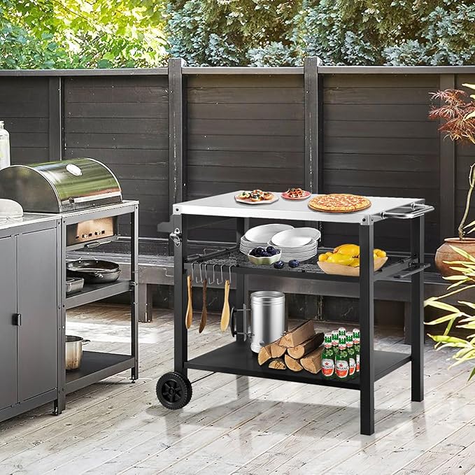 Kendane Grill Cart Table with Three Shelf, Movable Outdoor Dining Cart Pizza Oven Stand with Three Hooks, Kitchen Cart Island Multifunction Food Prep Table (Sliver)