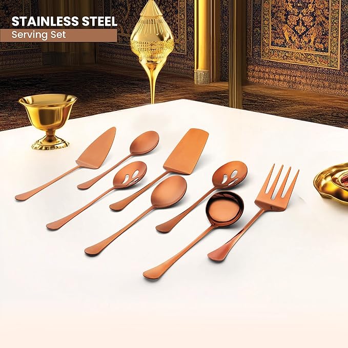 Avador짰 Premium Set of 8 Stainless Steel Hostess Serving Utensil Tool Set for Weddings | Buffer | Party | Kitchen | Restaurants (Rose Gold Plated)