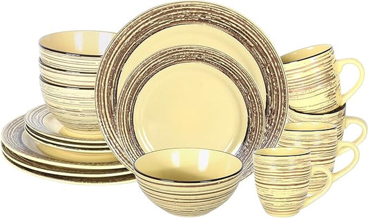 16 Piece Dinnerware Set, Ceramic Plates and Bowls Sets for 4, Microwave and Dishwasher Safe, Handcrafted Tree Bark Series Dish Set, Bamboo