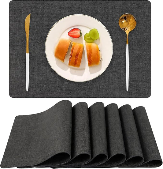 Boobezeen Faux Leather Placemats Set of 6, Heat Resistant Wipeable Washable Vinyl Place Mats, Waterproof Anti-Slip Dining Table Mats, Suitable for Indoor & Outdoor Use (Dark Grey)