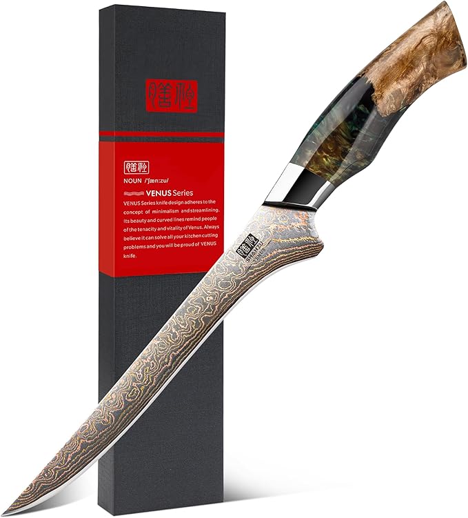SHAN ZU Damascus Fillet Knife 7 Inch, Japanese Boning Knife Copper & Damascus Steel High Carbon 33 Layer Hand Forged, Ultra Sharp Carving Knives with Maple Wood Handle