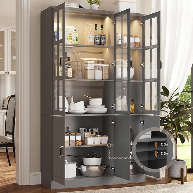 MEISSALIVVE 78.7" Tall Pantry Cabinet with LED Lights, Freestanding Kitchen Pantry with Glass Doors, Large Food Storage Cabinet, Grey (47.2" W x 15.7" D)