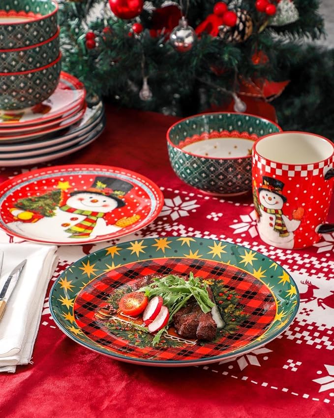 Hasense Dinnerware Set of 4, Ceramic Holiday Plates and Bowls Sets with Mugs, 16 Pieces Chip & Scratch Resistant Party Serving Dishes for New Year Gift, Microwave and Dishwasher Safe