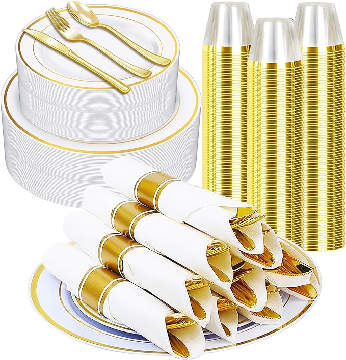 Zcaukya 350 PCS Gold Plastic Dinnerware for 50 Guests, Elegant Disposable Utensils Set with 100 Plates, 50 Pre-Wrapped Napkins, 50 Cups, 50 Spoons, 50 Forks and 50 Knives for Birthday Parties Weddings