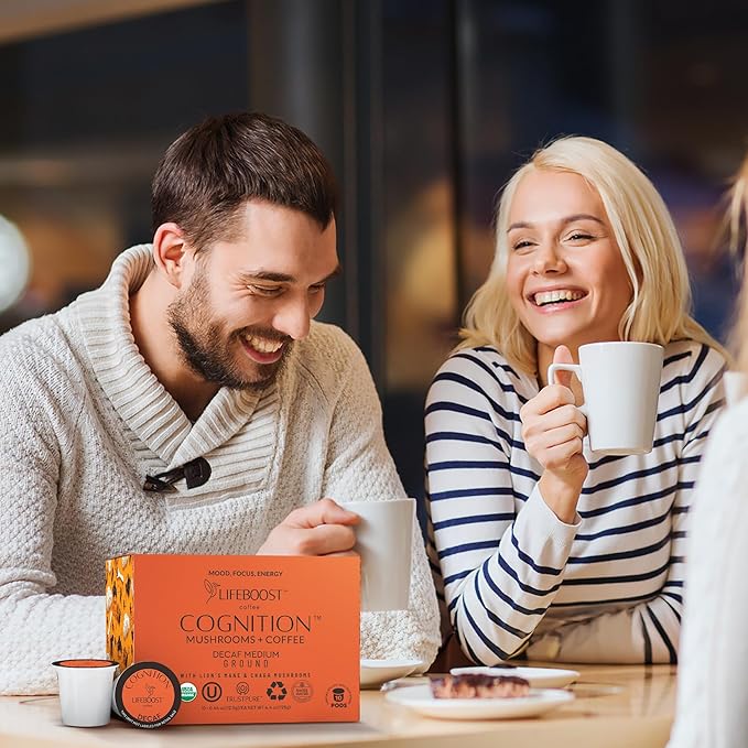 Lifeboost Cognition Decaf Mushroom Coffee Pods ??Organic Low Acid Decaf K-Cups with Lion?셲 Mane & Chaga Adaptogens ??Nootropic Coffee for Focus, Energy & Immune Support ??10 Count