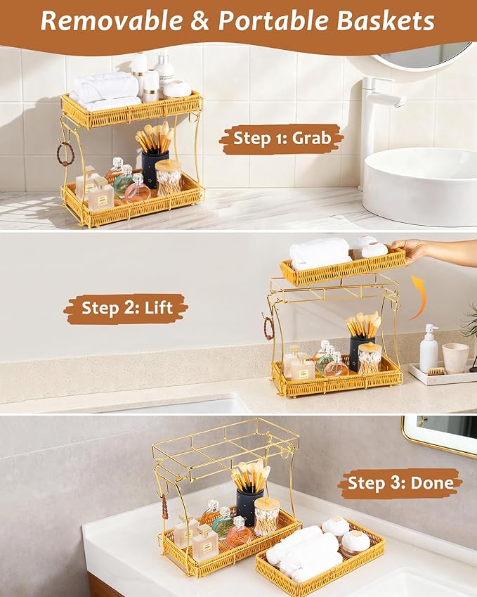Bathroom Organizer Countertop Perfume Organizer Makeup Organizer Cosmetics Storage Display Rack Vanity Tray, Handwoven Imitation Rattan Tray Perfume Holder for Dresser, Kitchen, Counter (Gold)
