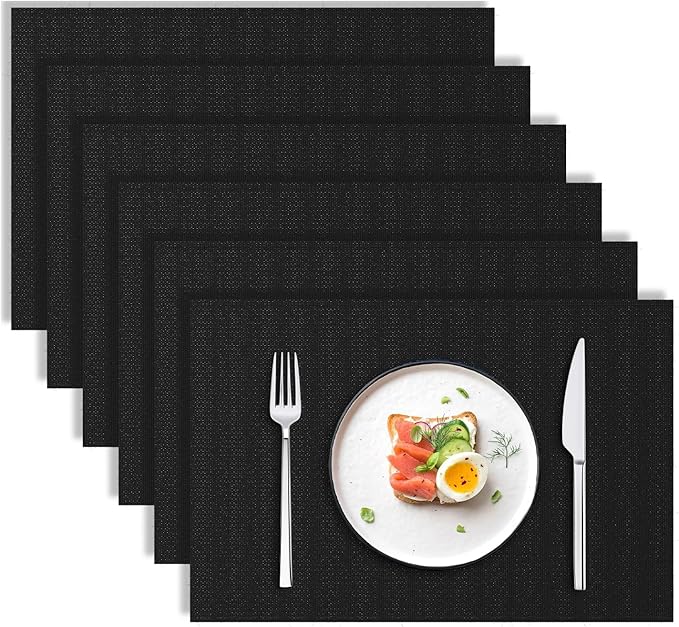 Blue Forest | Rectangular Faux Linen Placemats Set of 6 | Dual- Layered Thickened for Durability | Heat Resistant | Machine Washable | Wrinkle Free for Easy Care Indoor/Outdoor Use - Black