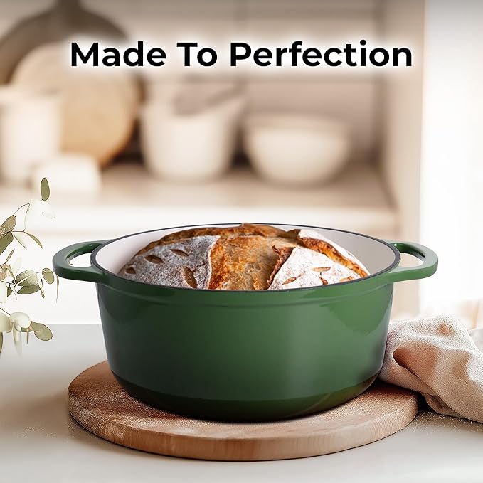 Zulay Kitchen 5 Quart Enameled Cast Iron Dutch Oven Pot with Lid ??Premium Durability & Oven Safe up to 500째F ??Heavy Duty Cookware Perfect for Bread Baking, Stews, Braising & Roasting ??Green