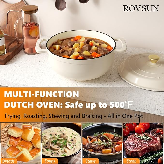 ROVSUN Enameled Cast Iron Round Dutch Oven, 6QT Pot with Lid &Dual Handles with Silicone Gloves,Oven Safe up to 500째F, Heavy-Duty Pre-Seasoned Cookware for Bread Baking, Braising, Stews, Roasting, Cream White