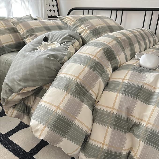 Plaid Full Size Comforter Set Geometric Plaid Grid Comforter Set Fluffy Soft Microfiber Bedding Comforter Farmhouse Checkered Comforter Set for All Season 3 Piece Plaid Bedding Comforter Set Full Size