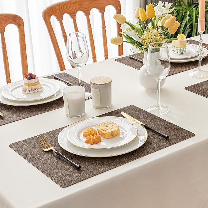 Romanstile Vinyl Placemats Set of 4-12 X 17 Inch - Heat Resistant Place Mats 100% Waterproof Oilproof Wipeable Reversible Faux Leather Table Mats for Kitchen, Dining, Party, Outdoor, Brown