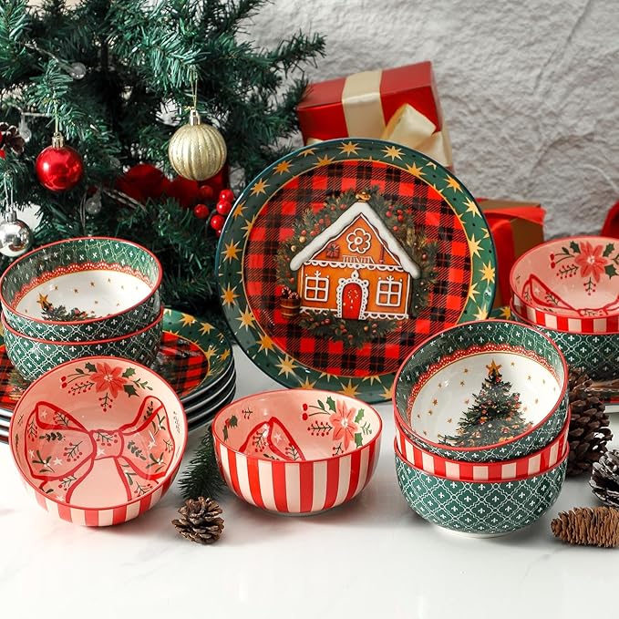 Ceramic Dinner Plates Set of 6,Stoneware 10 Inch,Microwave,Dishwasher and Oven Safe,Porcelain Dessert Plates for Pasta,Salad and Steak,Dishes Set for Kitchen,Scratch Resistant,Christmas