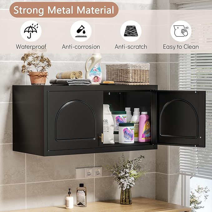 Wall Cabinet with Doors, Small Hanging Cabinet for Kitchen Pantry, Metal Overhead Cabinet for Dining Room, Living Room, Bathroom, 16" D x 32" W x 15" H, Black, Assembly Required