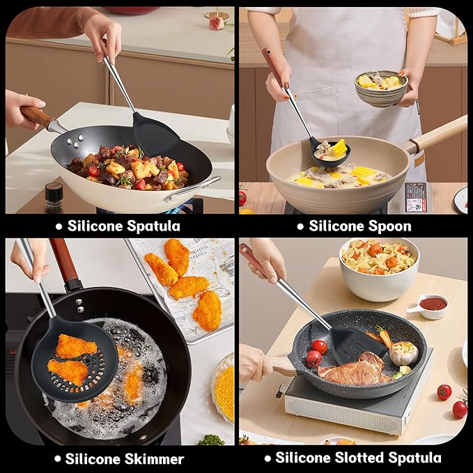 FJNATINH Silicone Spatula - Turner - Ladle - Skimmer Set Wok Utensil Set,Stainless Steel Non Stick Heat-Resistant Cooking Utensils BPA Free Kitchen Tools Cookware Wooden Handle, Pack of 4