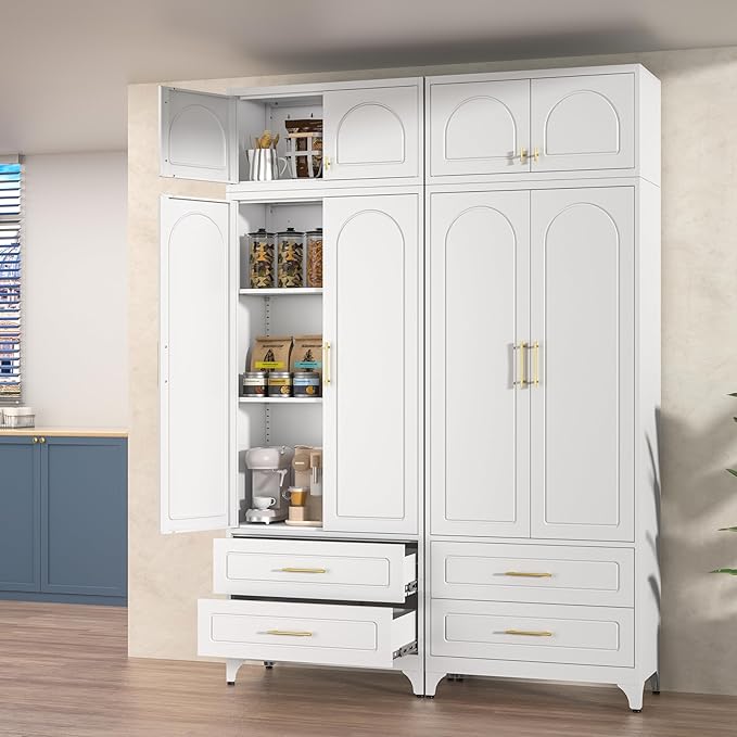 Kitchen Pantry Cabinet with 2 Drawers, 90" Tall Metal Storage Cabinets with Doors and Shelves, Food Cupboards for Dining, Living Room, 16" D x 32" W x 90" H, White, Assembly Required