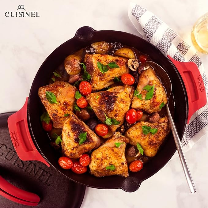 Cast Iron Skillet Set - 10" + 12"-Inch Dual Handle Frying Pans + Silicone Handle Holder Covers + Pan Scraper - Pre-Seasoned Oven, Grill, Stovetop, Induction Safe Kitchen Cookware - Indoor/Outdoor Use