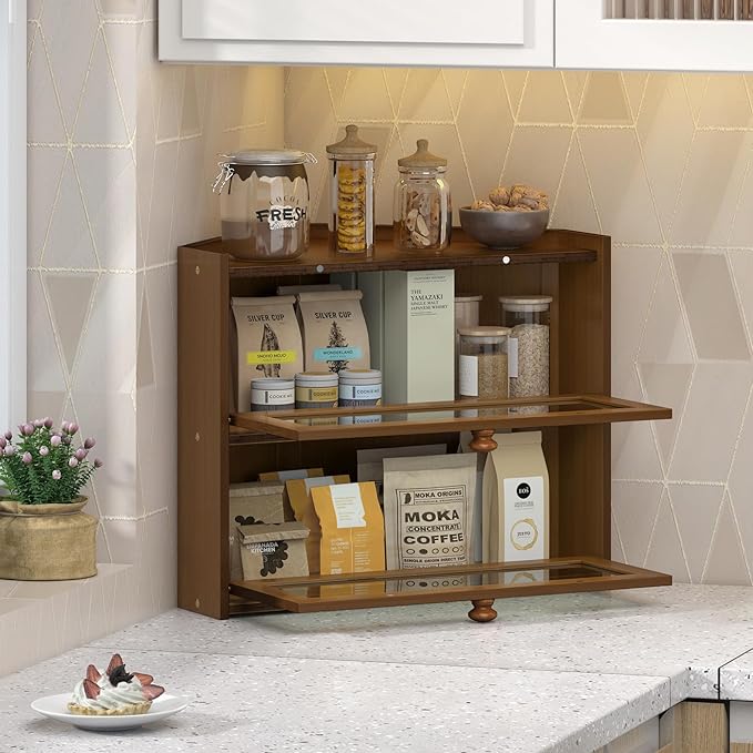 Corner Bread Box for Kitchen Countertop, Large Bread Container Storage Bamboo Wooden Farmhouse Bread Box with Window Bread Holder (Brown)
