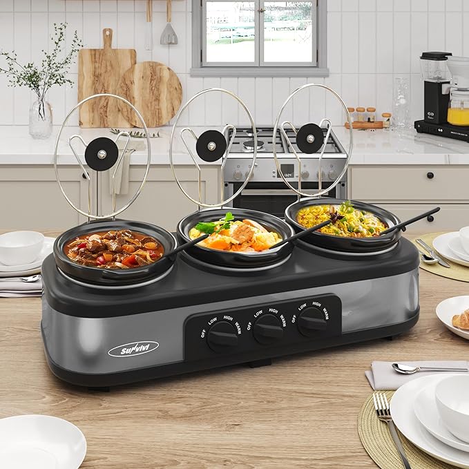 Sunvivi Triple Slow Cooker, Buffet Server & Warmer with 3 Removable Ceramic Pots, 3 Adjustable Temp Settings & 3 Metal Lid Rests, Stainless Steel, 3 * 1.5 Quarts Grey