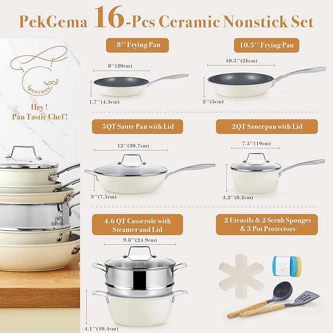 PekGema Ceramic Pots and Pans Set, 16 Pcs Cookware Set Nonstick, Non Toxic, Oven Safe, Induction Cookware, Cooking Set with Steamer, PPG Ceramic PFAS PTFE PFOA FREE, White