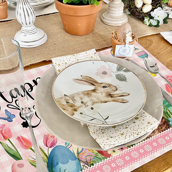 Pinata Easter Placemats Set of 6, Easter Placemats 12x18 Inch for Dining Table, Bunny Pattern Place Mats, Farmhouse Rustic Table Decor