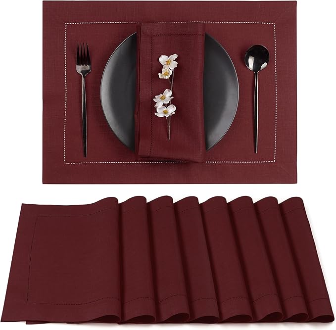 D'Moksha Homes Linen Placemats Set of 8 - Classic Hemstitch Dark Red Placemats 14 x 19 Inch - 100% Pure Linen Table Mats for Valentines, Spring - Handcrafted and Machine Washable