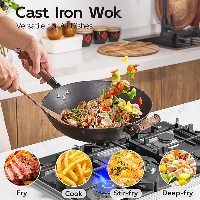 WANGYUANJI 14.2 Inch Cast Iron Wok with Wooden Lid and Iron Spatula, Flat Bottom Double-Handle Cast Iron Stir Fry Pan, Uncoated Chinese Wok for Induction, Gas and Electric Stoves