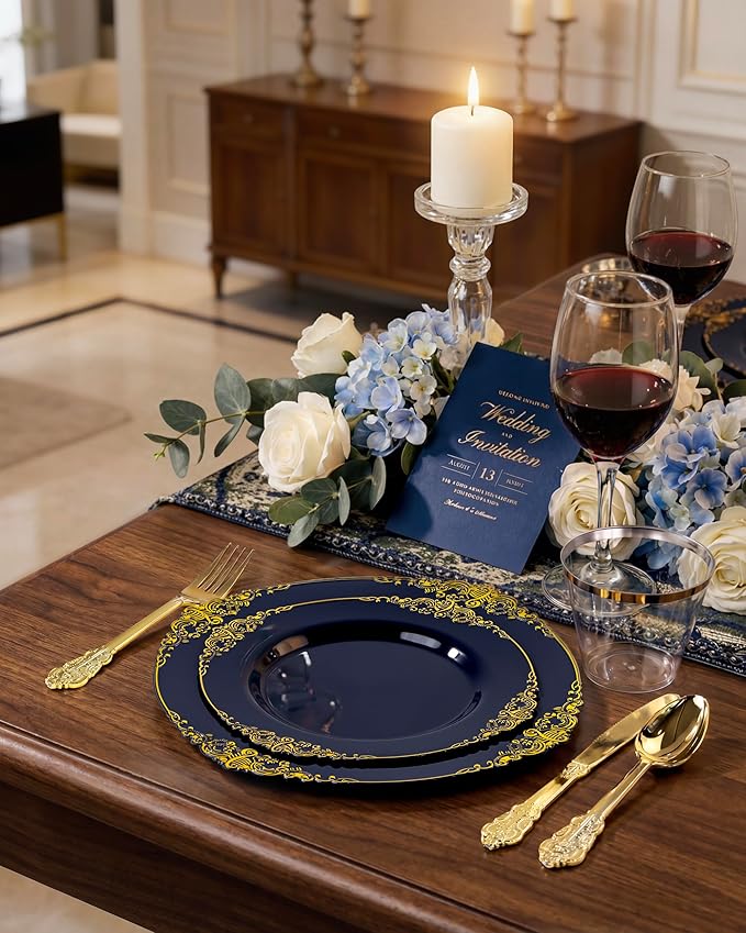 Nervure 350Pcs Blue Plastic Plates - Blue Gold Plastic Dinnerware Sets for 50 Guests - 100 Gold Disposable Plates, 50 Pre Rolled Silverware, 50 Cups Perfect for Wedding & Party & Independence