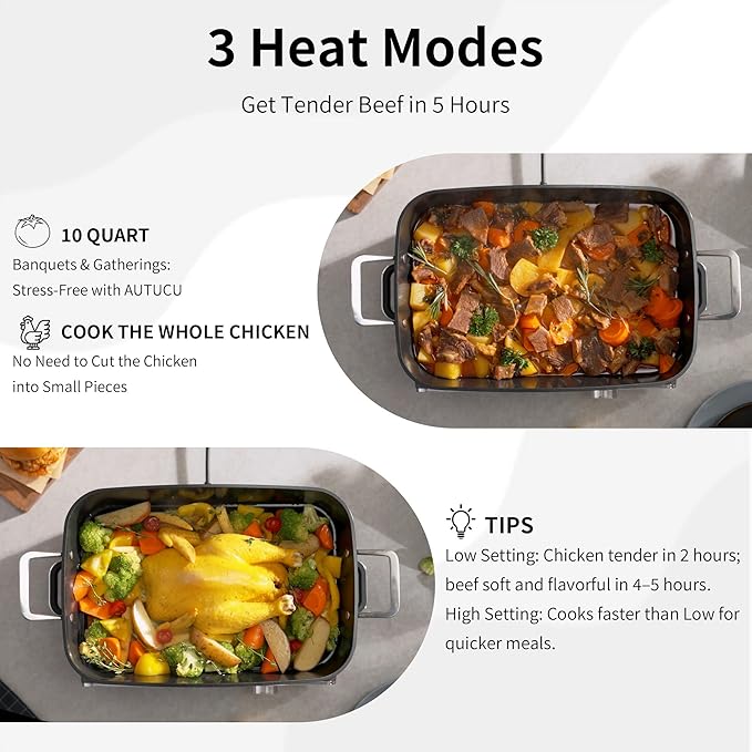 Slow Cooker 10-Quart - PFOA-Free Ceramic Coating, Oven Safe to 450째F | Keep Warm Function for Large Family Gatherings (Includes Silicone Spoon)
