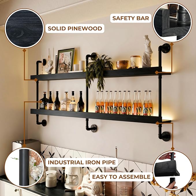 Wall Mounted Wine Rack with LED Light, LED Industrial Pipe Liquor Bar Shelves, 2-Tier Rustic Hanging Organizer for Wine Bottle Storage in Kitchen, Bar, Pub, Cellar(Black, 60 Inch)