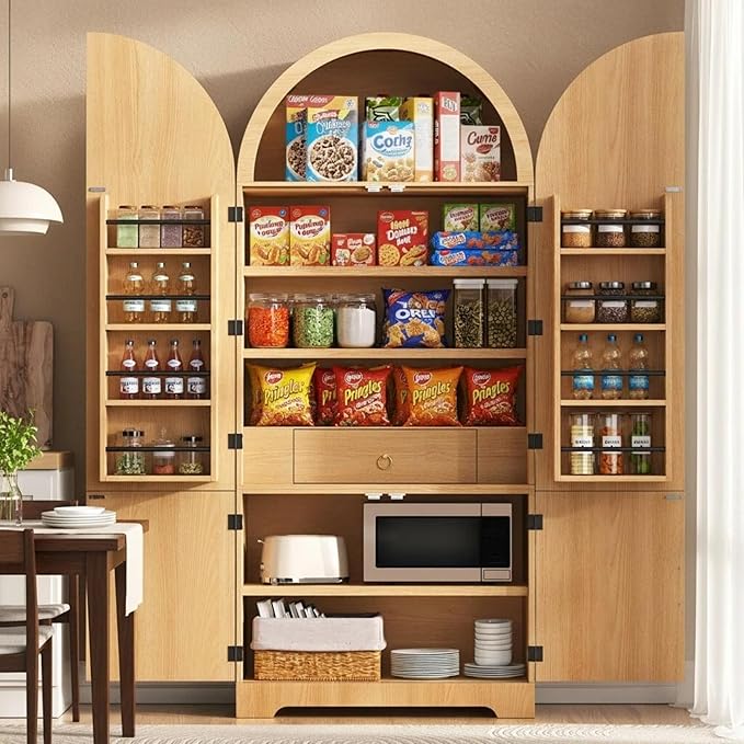 72" Tall Arched Kitchen Pantry, Modern Fluted Wood Storage Cabinet with 3 Adjustable Shelves and Hidden Drawer, Versatile Cupboard for Dining Room, Living Room, Bathroom, Natural