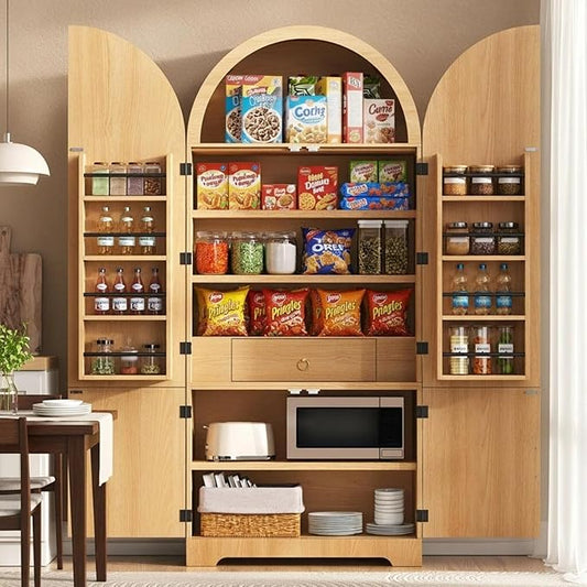 72" Tall Arched Kitchen Pantry, Modern Fluted Wood Storage Cabinet with 3 Adjustable Shelves and Hidden Drawer, Versatile Cupboard for Dining Room, Living Room, Bathroom, Natural