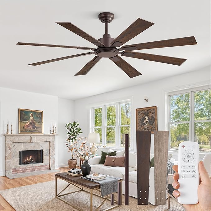 62 Inch Ceiling Fan No Light with Remote Control, 8 Blades Quiet DC Reversible Motor, 6-Speed, Timer, Oil Rubbed Bronze Finish, Indoor Outdoor Ceiling Fans for Patios, Living Room, Garage