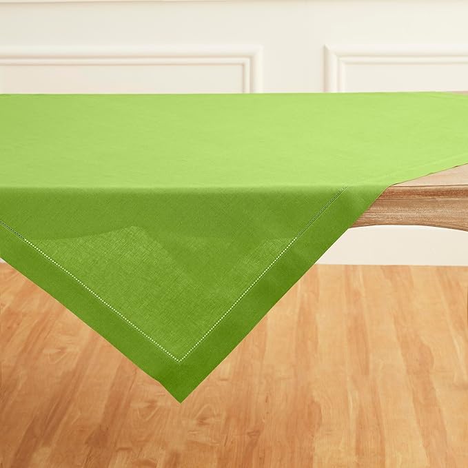 Solino Home Linen Square Tablecloth 52 x 52 Inch - 100% Pure Linen Lime Green Table Throw - Classic Hemstitch, Machine Washable Table Cloth for Spring, Easter, St Patricks Day