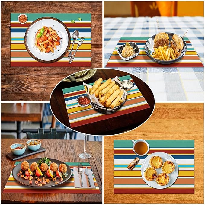 Modern Red Yellow Blue Teal Stripes Placemat, Set of 4 Heat Resistant PVC Place Mats for Kitchen Table
