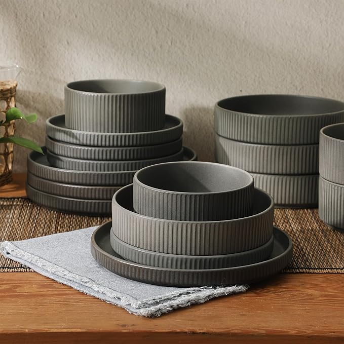 Gibson Elite Deerfield 16-Piece Stoneware Dinnerware Set ??Soft Grey Reactive Glaze, Stackable Plates and Bowls, Service for 4 ??Microwave & Dishwasher Safe