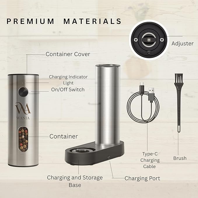 WANIA Electric Salt and Pepper Grinder Set - USB Rechargeable Base, Adjustable Coarseness, LED Light, Automatic One-Hand Operation, Stainless Steel Refillable Mills for Kitchen, BBQ & Gift