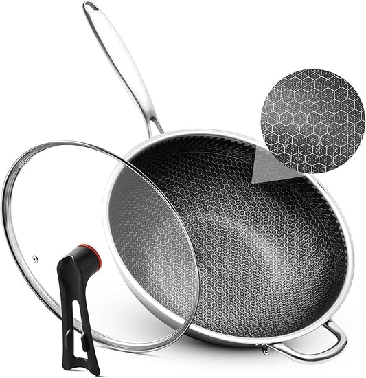 WANGYUANJI Upgraded Coating-Free 12.6" Stainless Steel Wok with Lid ??Enhanced Multi-Layer Steel, Flat-Bottom Stir-Fry Pan, Honeycomb Surface, Induction & Oven Safe