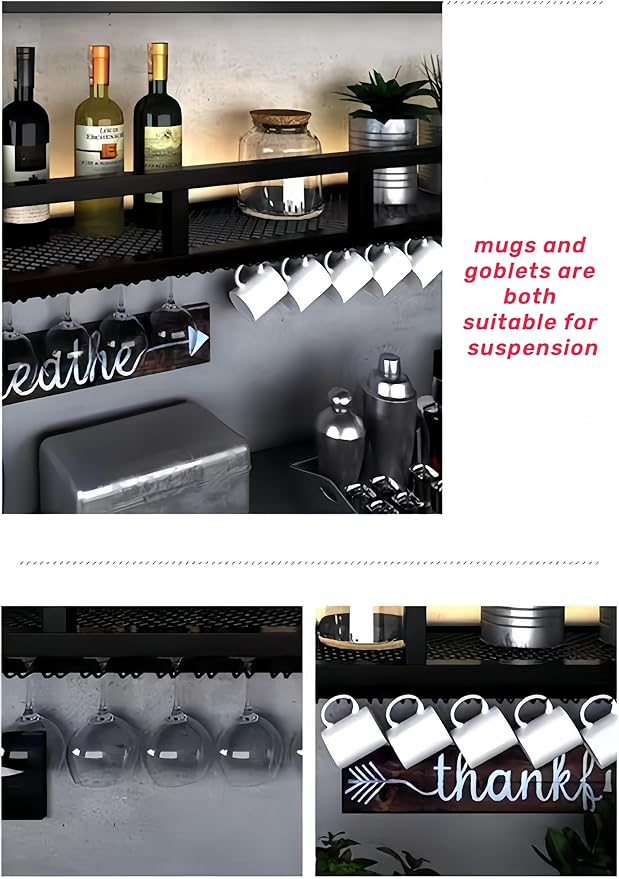 59 Inch Upgrade Metal Wine Rack Wall Mounted, Bar Shelves Wall Mounted with LED Light, Large 3-Tier Liquor Bar Display Shelf with Hang Mugs and Wine Glasses for Home Bars & Kitchen (Gold, 59-Upgrade)