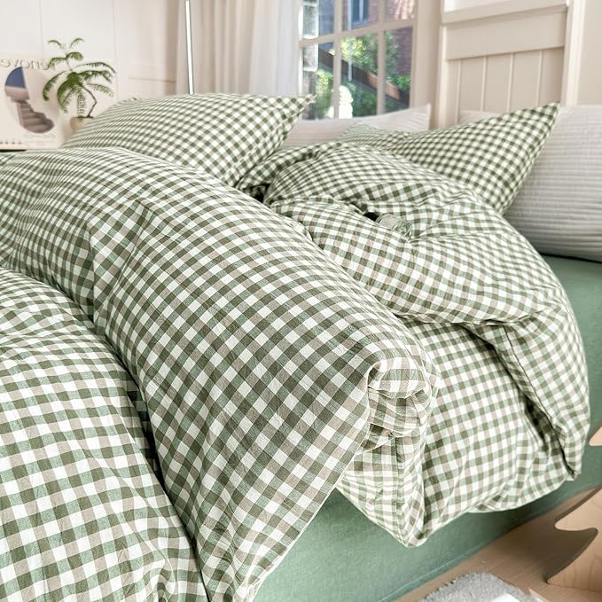 LifeTB Green Gingham Comforter Set California King Modern Style Green Plaid Grid Comforter with 2 Pillowcases Soft Fluffy Checkered Pattern Comforter Farmhouse Gingham Bedding Set Breathable