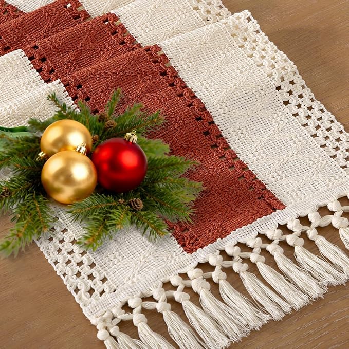 Socomi Boho Table Runner Macrame Valentine's Day Farmhouse Woven Cotton Linen Rustic Table Runner with Tassels for Dresser Scarf Home Decor Dining Room 12x90 inch Terracotta Ivory